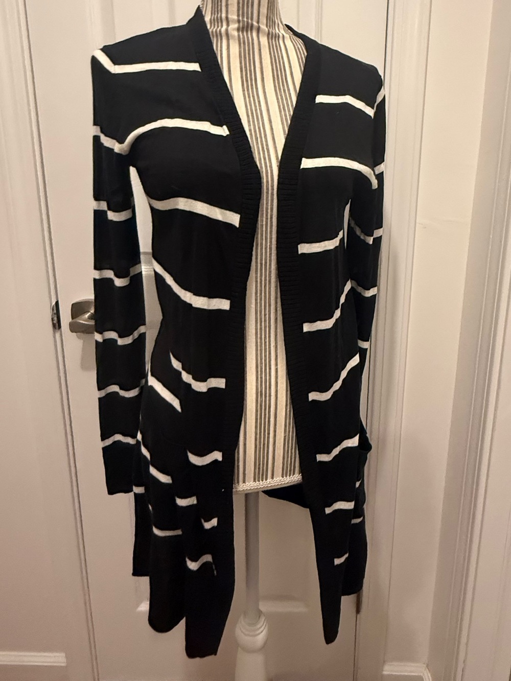 Grace and Lace Black & White Striped Open-Front Women's Cardigan Sweater